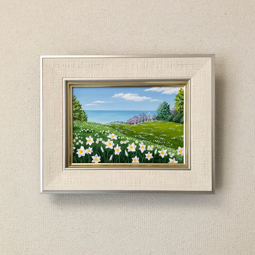 限定セールをすべて スイセンの咲く丘02」アクリル画 SM キャンバス 額縁付 原画 絵画