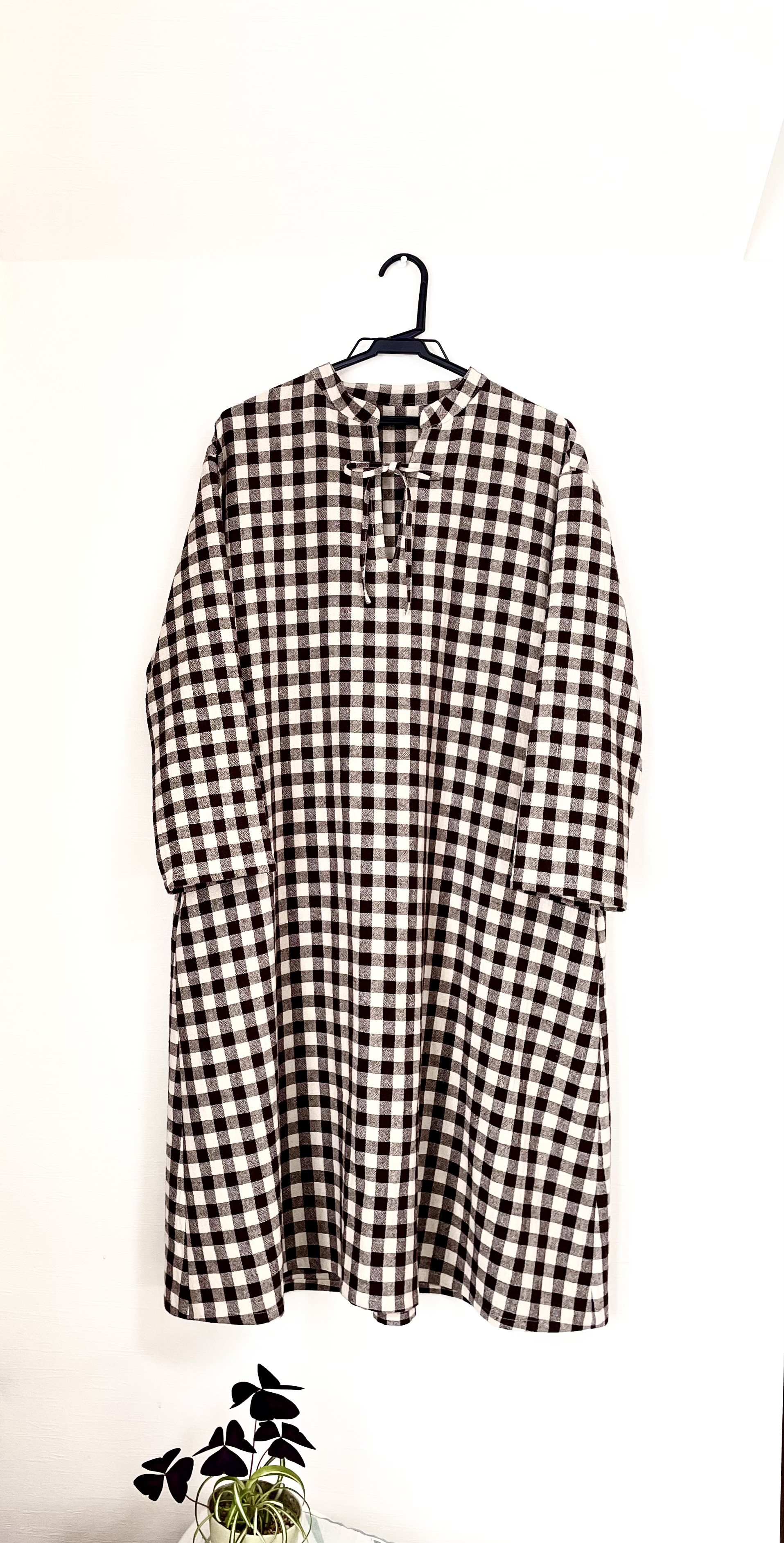 一点限りお値下送料無料❣️綿麻ギンガムチェック新作スタンドカラーのAラインワンピースベージュ×チョコブラウン