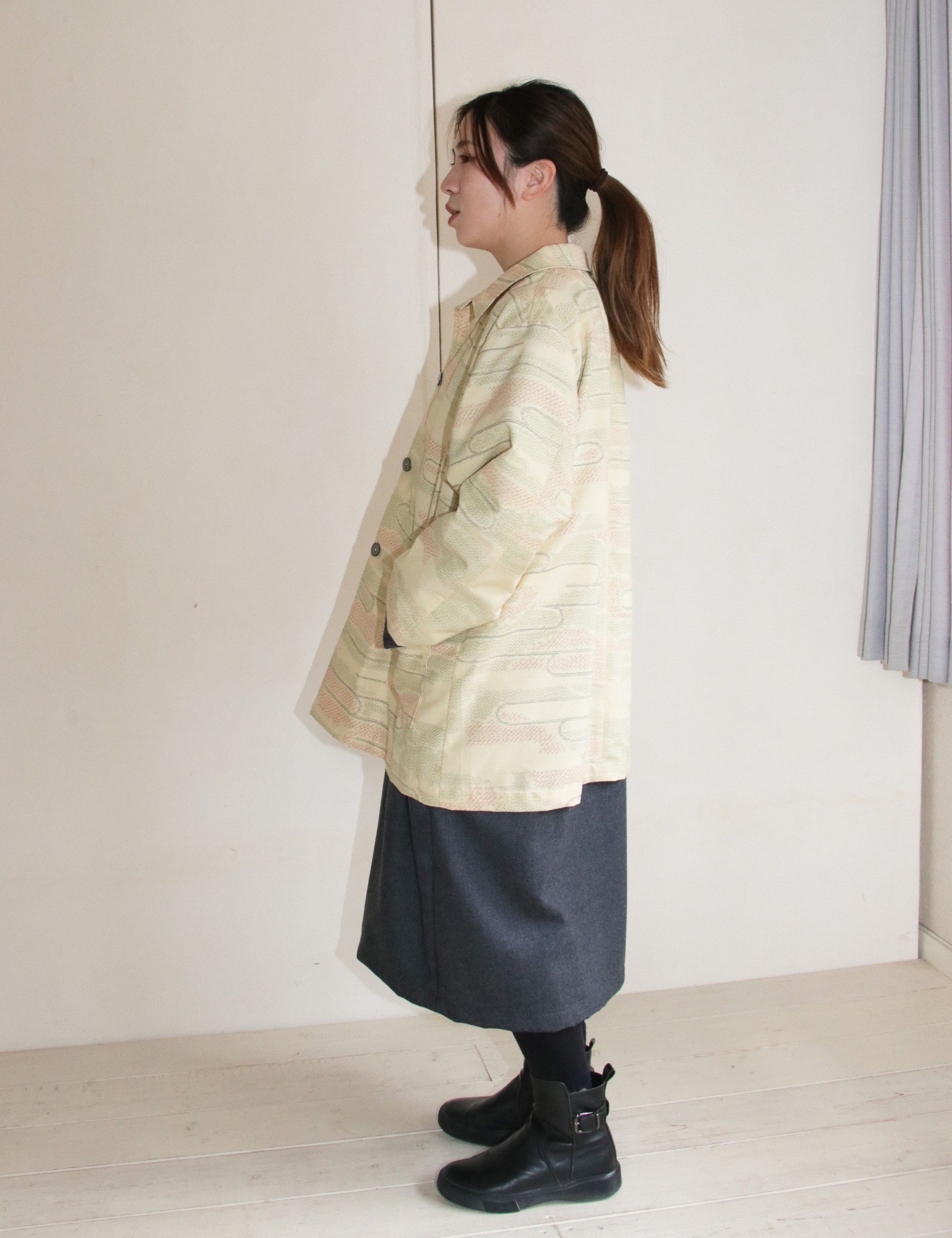 紬着物リメイク ワークジャケット風シャツジャケット