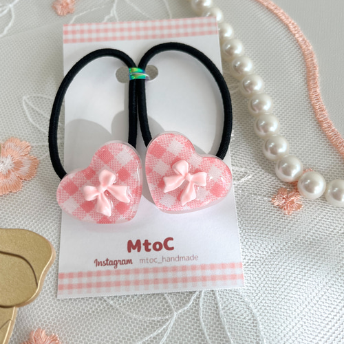 レジン チェック柄リボンヘアゴム キッズ ベビー 】ハート 星 子供