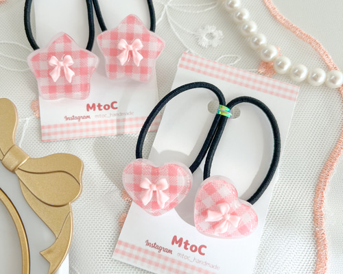 リボン　ヘアゴム♡アシンメトリーリボン♡ブロックチェック♡ブラック♡ハンドメイド フリルが可愛い♡ステッチ&ギンガムチェックリボンのヘアアクセ