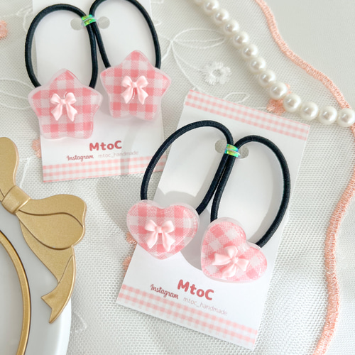 レジン チェック柄リボンヘアゴム キッズ ベビー 】ハート 星 子供