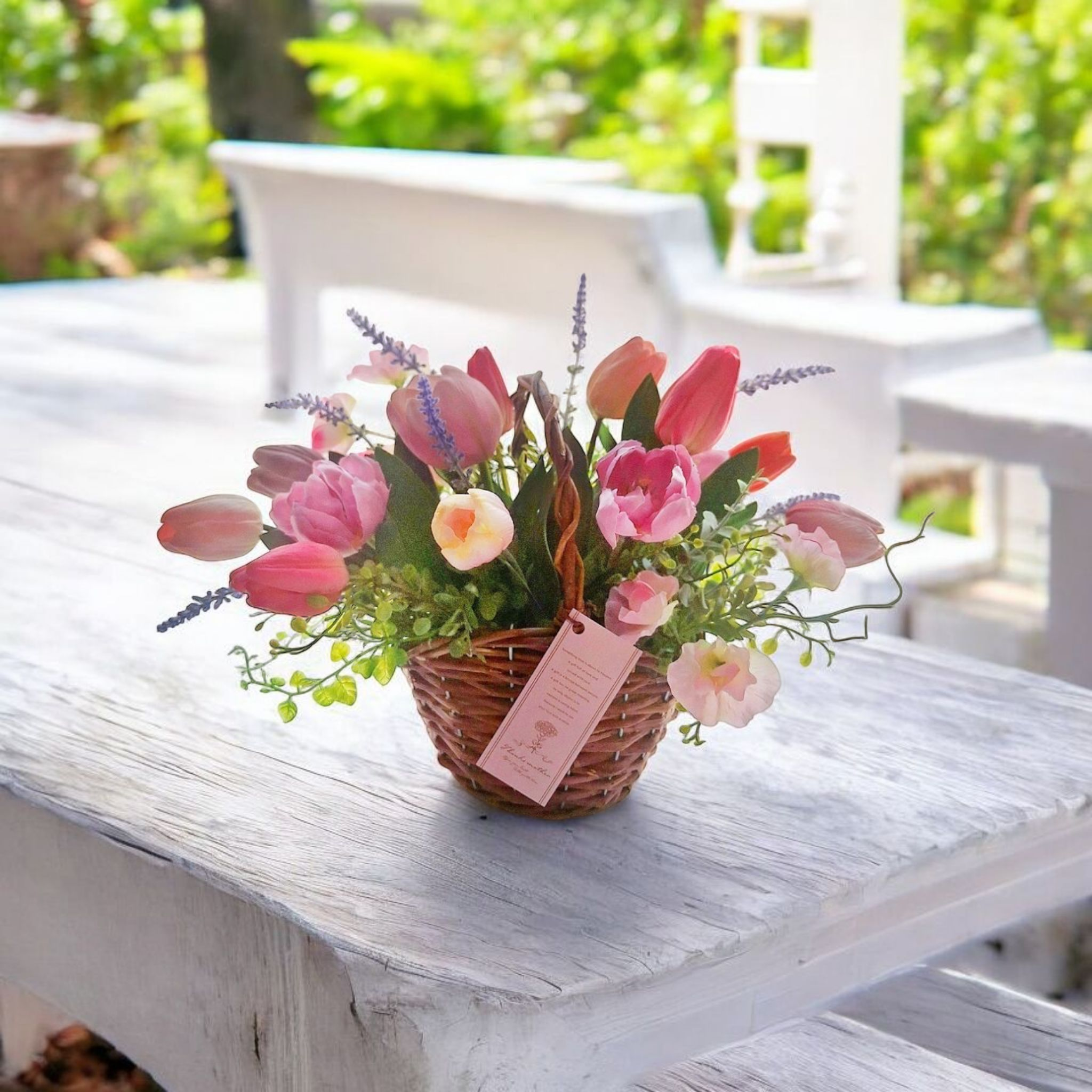 チューリップ•スイートピー•ラベンダーの春のバスケットアレンジ/アートフラワー/ Lサイズ/送別ギフト/ラッピング無料