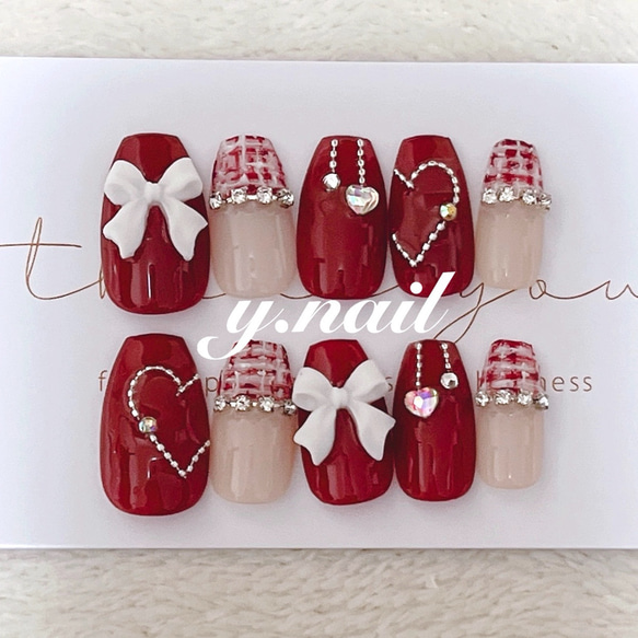 【No.049】バレンタインネイル♡ツイード♡リボン♡ハート No.049】バレンタインネイル♡ツイード♡リボン♡ハート