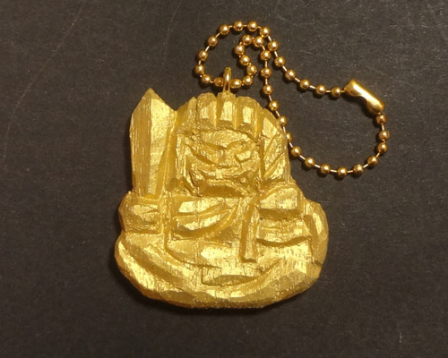 木彫刻アート 『 金の不動明王 』 桐 キーホルダー ストラップ 仏像