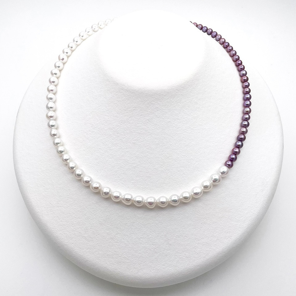 有核ラウンド＆有核バロック本真珠のナチュラルネックレス ケース付き パープル系 干渉色 淡水パール 5mm~7mm
