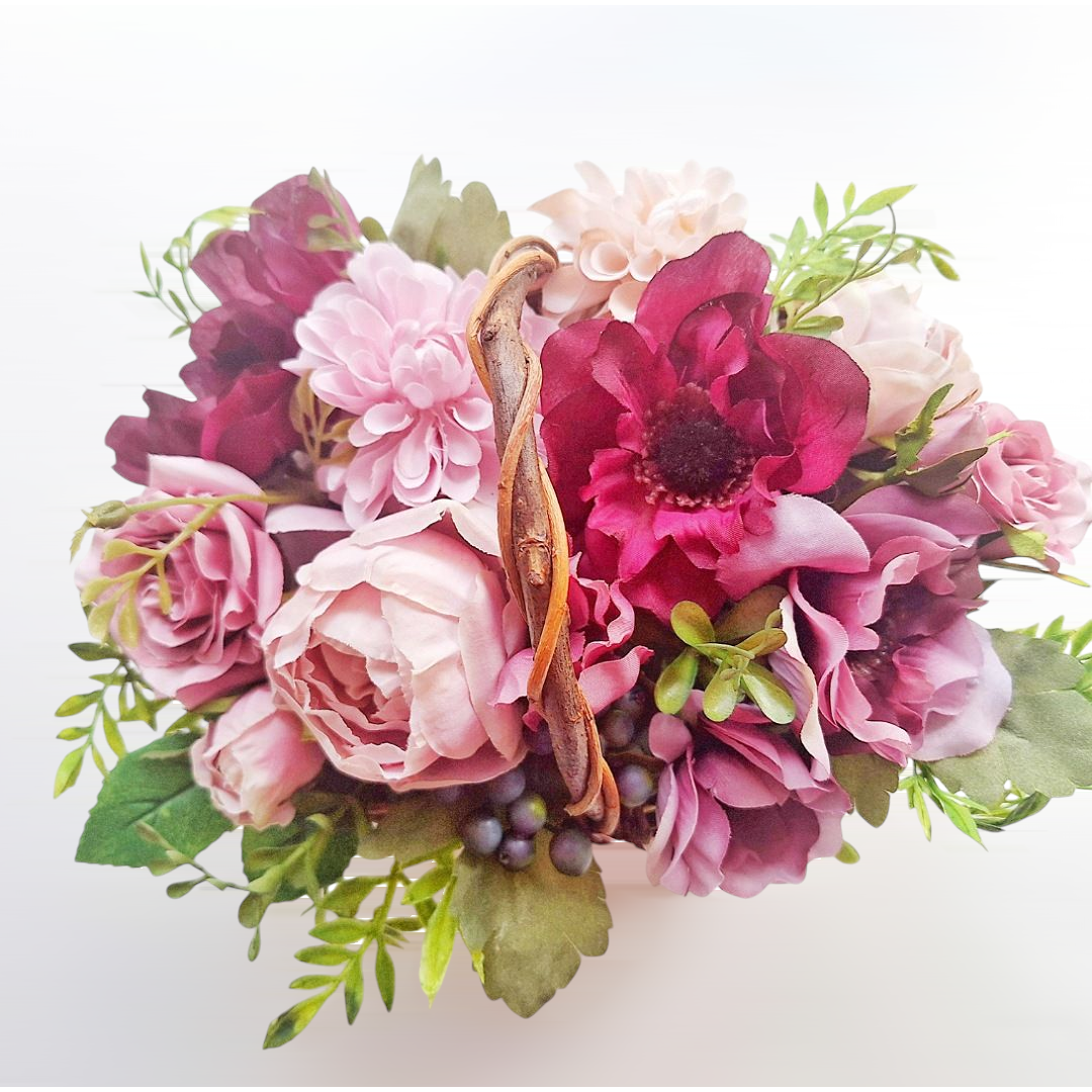 バラ•アネモネ•ダリアのシックなバスケットアレンジメント/アーティフィシャルフラワー /送別ギフト/ラッピング無料