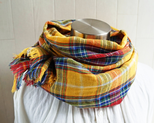 美品 EPICE エピス リネンストール チェック ブルー イエロー オレンジ 東炊き リネンのストール タータンチェック イエロー系 ストール