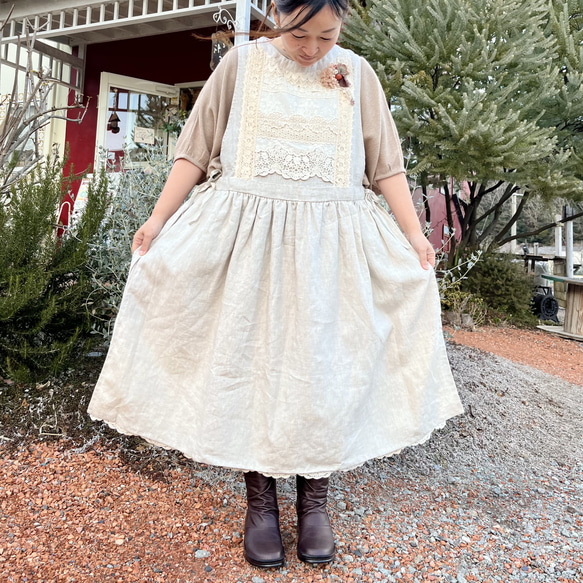 ゆったりリネンワンピ♡たっぷりレースの重ね着ワンピース（25s−025） 10枚目の画像