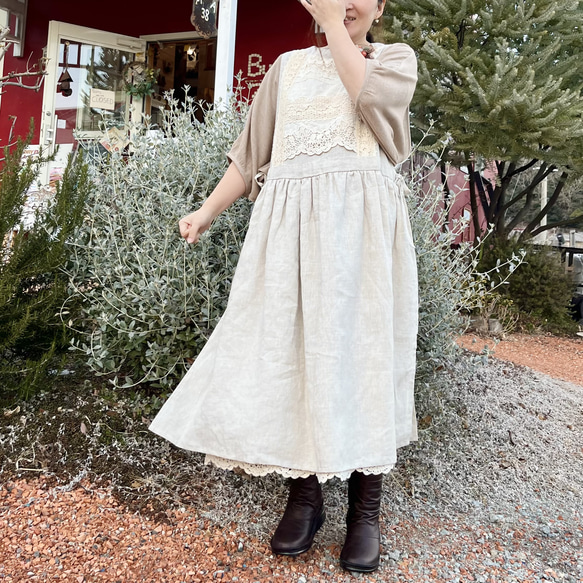 ゆったりリネンワンピ♡たっぷりレースの重ね着ワンピース（25s−025） 1枚目の画像