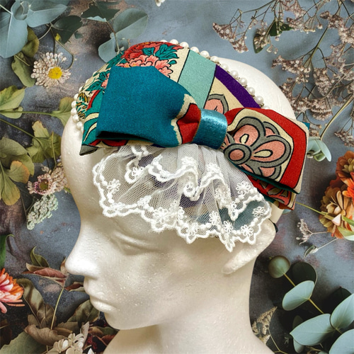vintage ヘッドドレス ✤アンティーク縮緬ヘッドドレス/古典柄✤ ヘッドドレス（アクセサリー