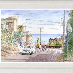 水彩画原画 江ノ電・七里ヶ浜小動岬付近を走る ＃615 絵画