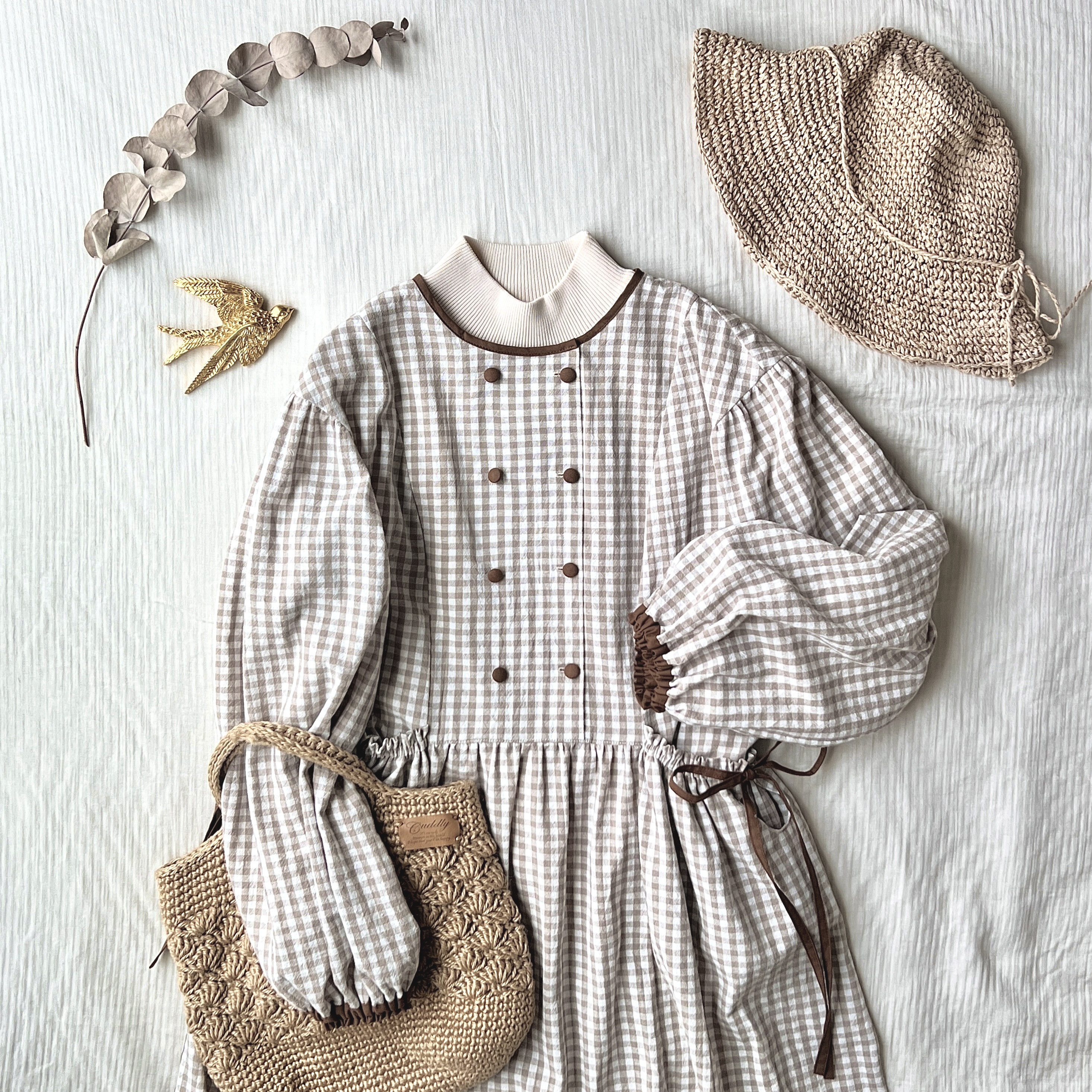 チェックワンピース　ダブルボタン　ポケット付き　長袖　一点もの　「わたしのワンピース」