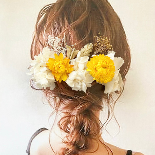 ドライフラワー髪飾り 黄色ヘアアクセサリー イエローヘッドパーツ