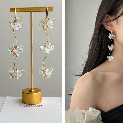 クリア フラワー オーロラ 花びら 透明 ピアス イヤリング ゴールド