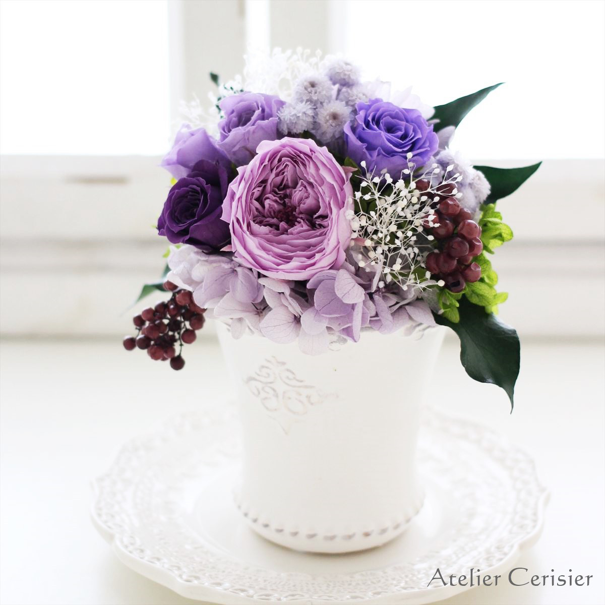 プリザーブドフラワー＜シャルロット SSサイズ＞パープル バラ ミニアレンジ 【お祝い】喜寿 古希