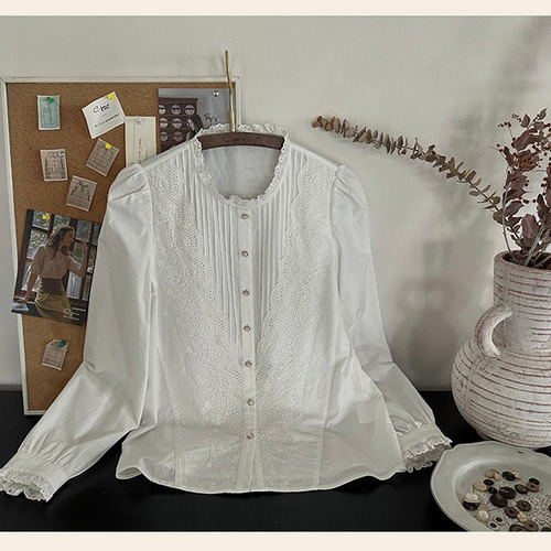 人気＊45R カディコットンピンタックレースブラウス 2 白 長袖 洗えるR刺繍 レース＆ピンタックコットンブラウス | 京都通販ミセスの