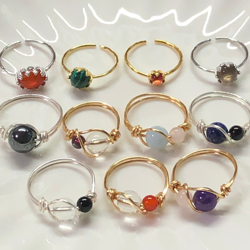 バイカラーシトリンとオリーブジェイド(翡翠)のワイヤーリング◇サイズ