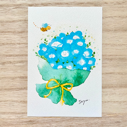 透明水彩画 花束のポストカード 3枚セット ネモフィラ ひまわり