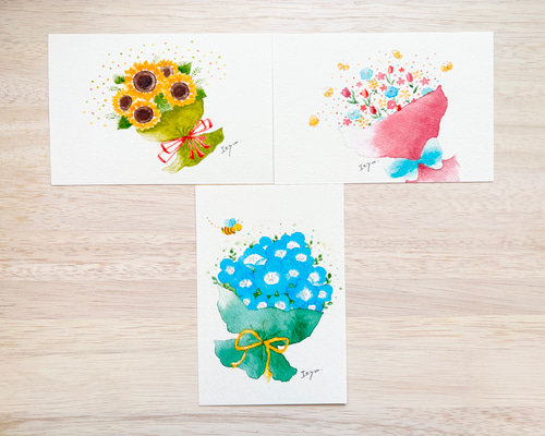 透明水彩画 花束のポストカード 3枚セット ネモフィラ ひまわり