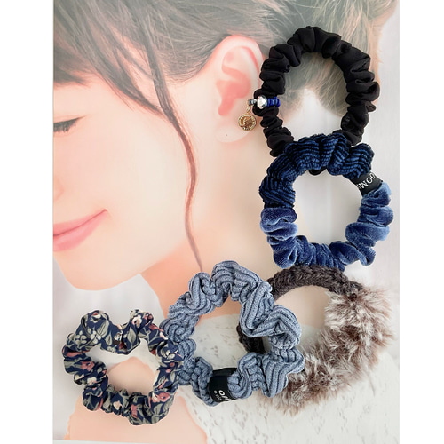 重ねて付けても単体でも♪ 大人かわいい 細シュシュセット ネイビー