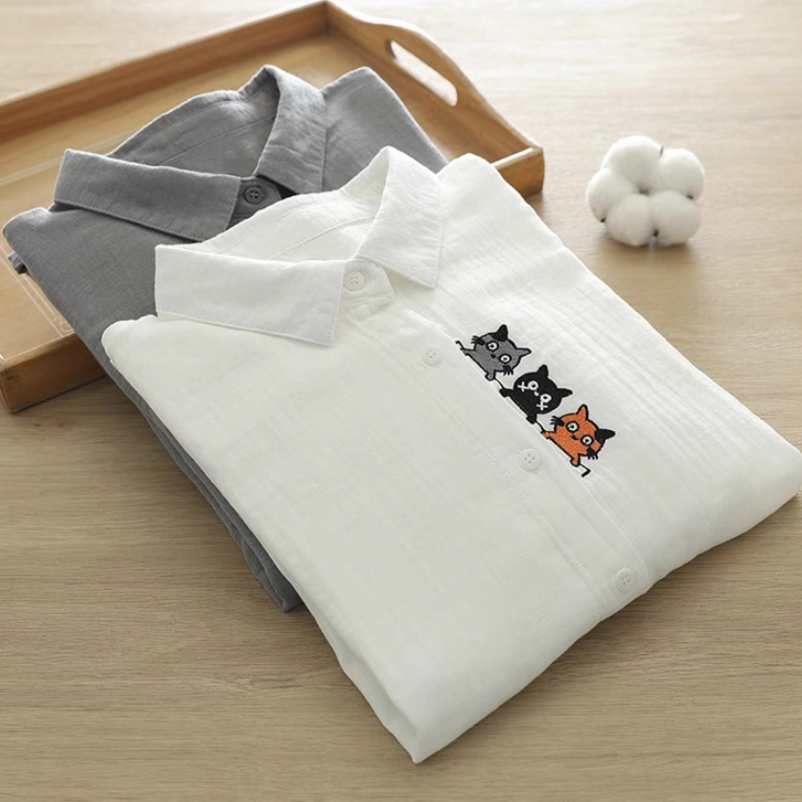 春・ダブルガーゼ・コットン100%・ブラウス・刺繍・秋・猫の日2025