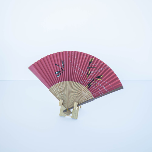 高島扇骨を用いた扇子 「トンボ～エンジ～」 蜻蛉柄(とんぼ柄)・臙脂色