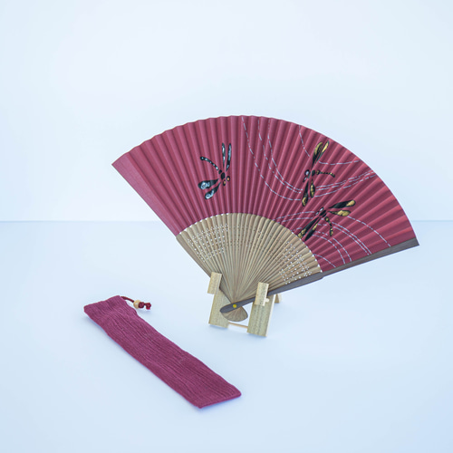 【骨董品 大扇 直径約160cm】扇子、希少、珍品 高島扇骨を用いた扇子 「トンボ～エンジ～」 蜻蛉柄(とんぼ柄)・臙脂色