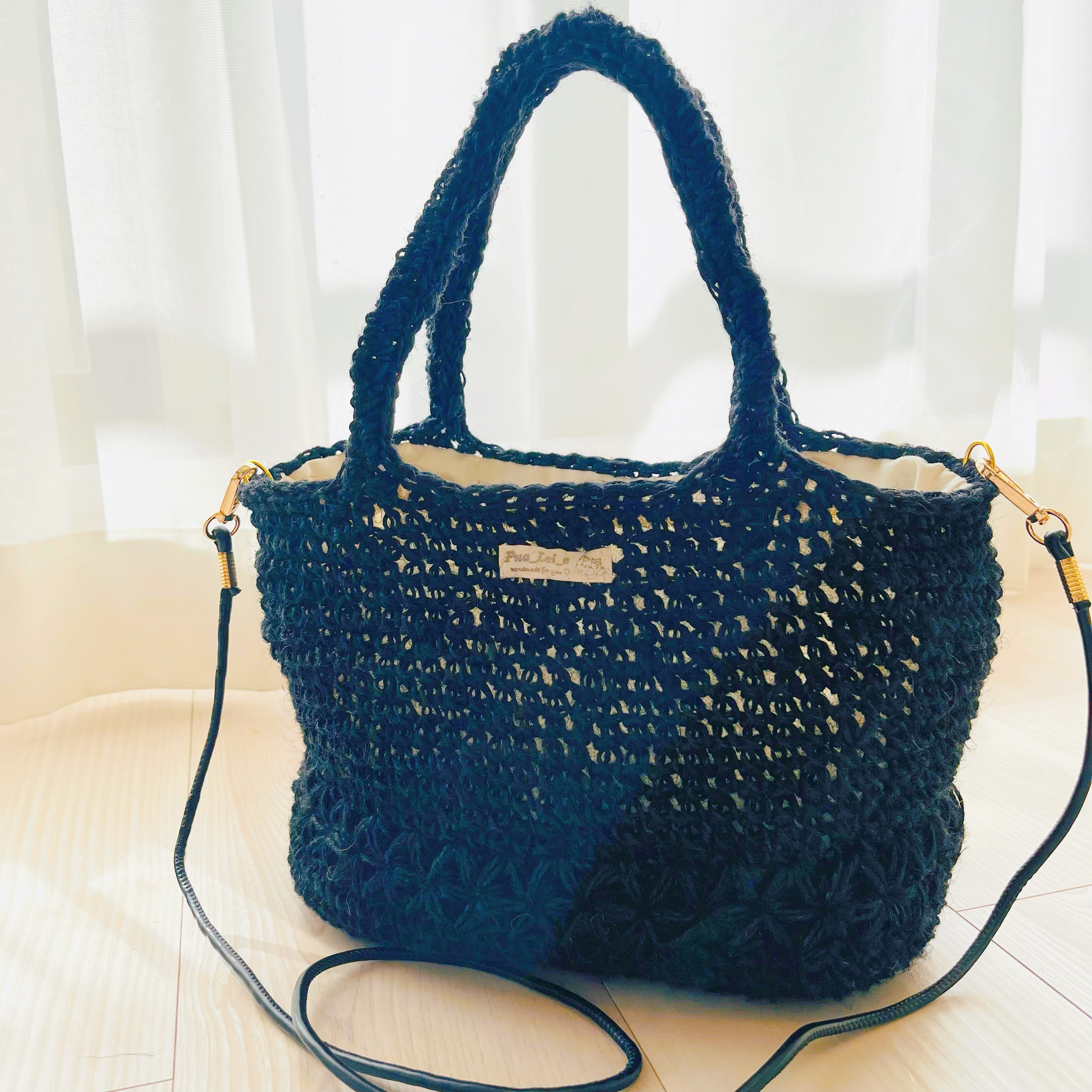 2wayお花模様の麻紐バッグ（ブラック）