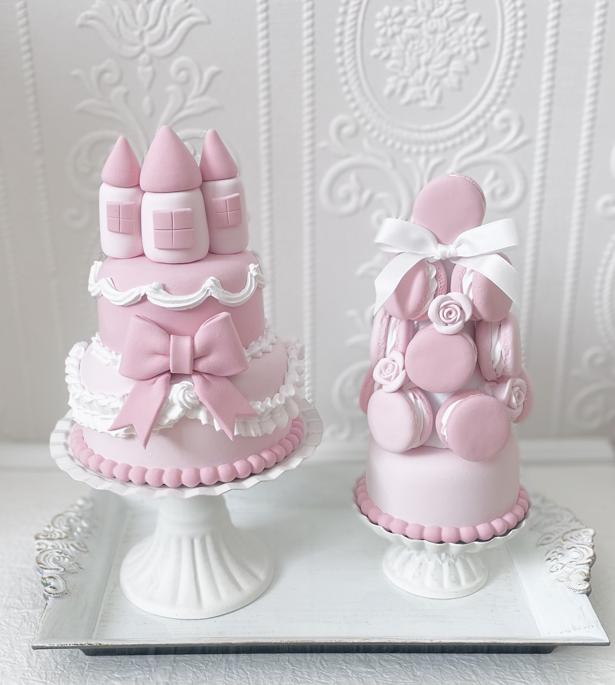 お城のクレイケーキ＆マカロンタワーセット✳︎モカピンク＊フェイク＊イミテーション