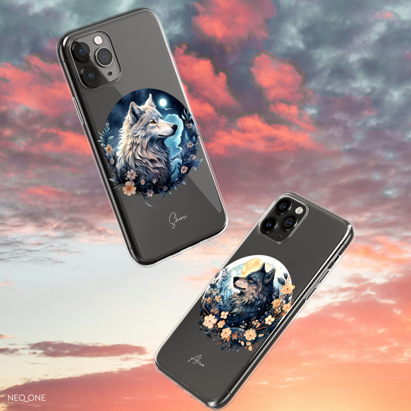 スマホケース iPhone Android 狼 ホワイトウルフ ブラックウルフ 白狼 黒狼 ユニセックス【満月と狼】 2枚目の画像