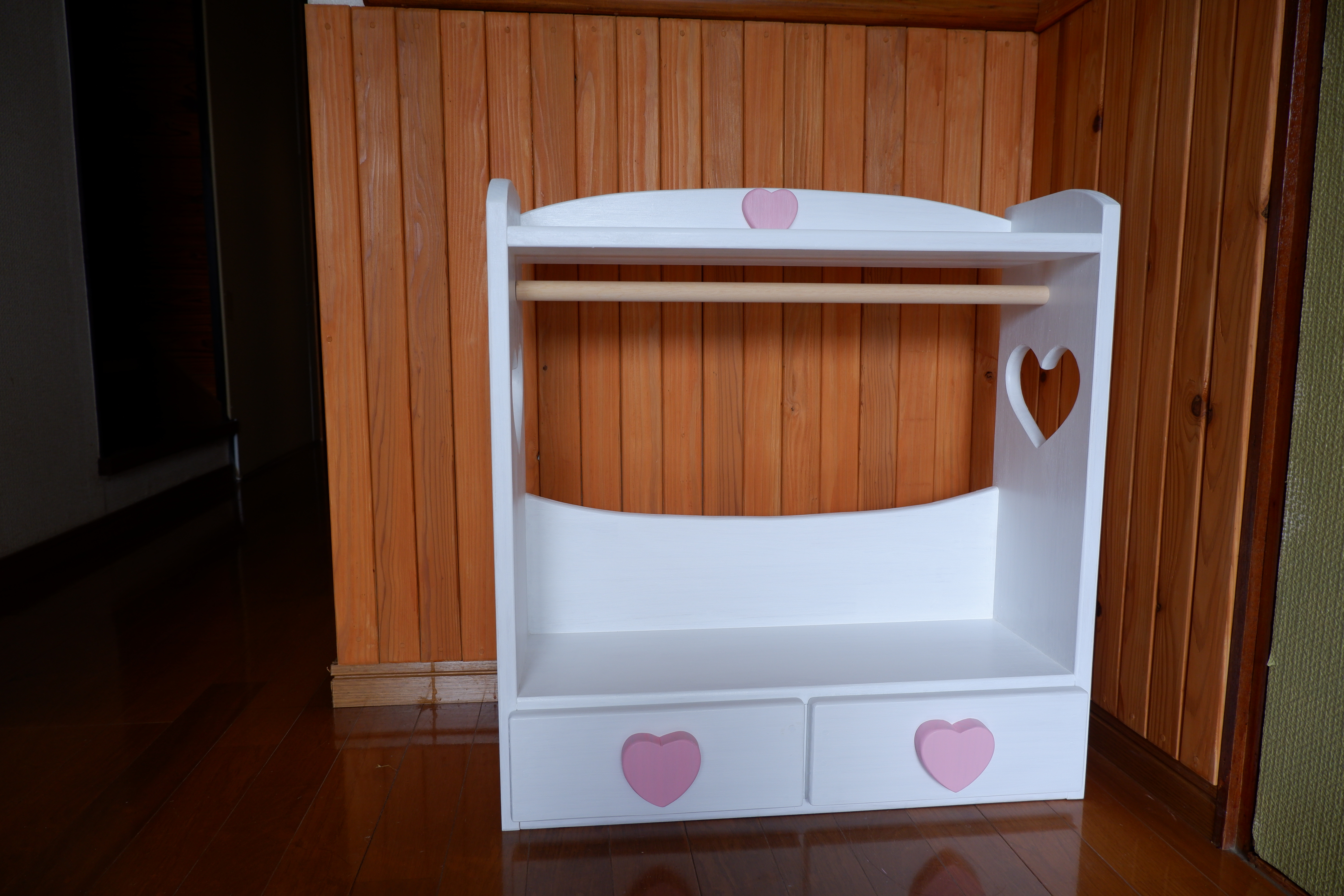 横幅60㎝　引き出し2個付きハンガーラック　くりぬき選べます　ハンガー３本付