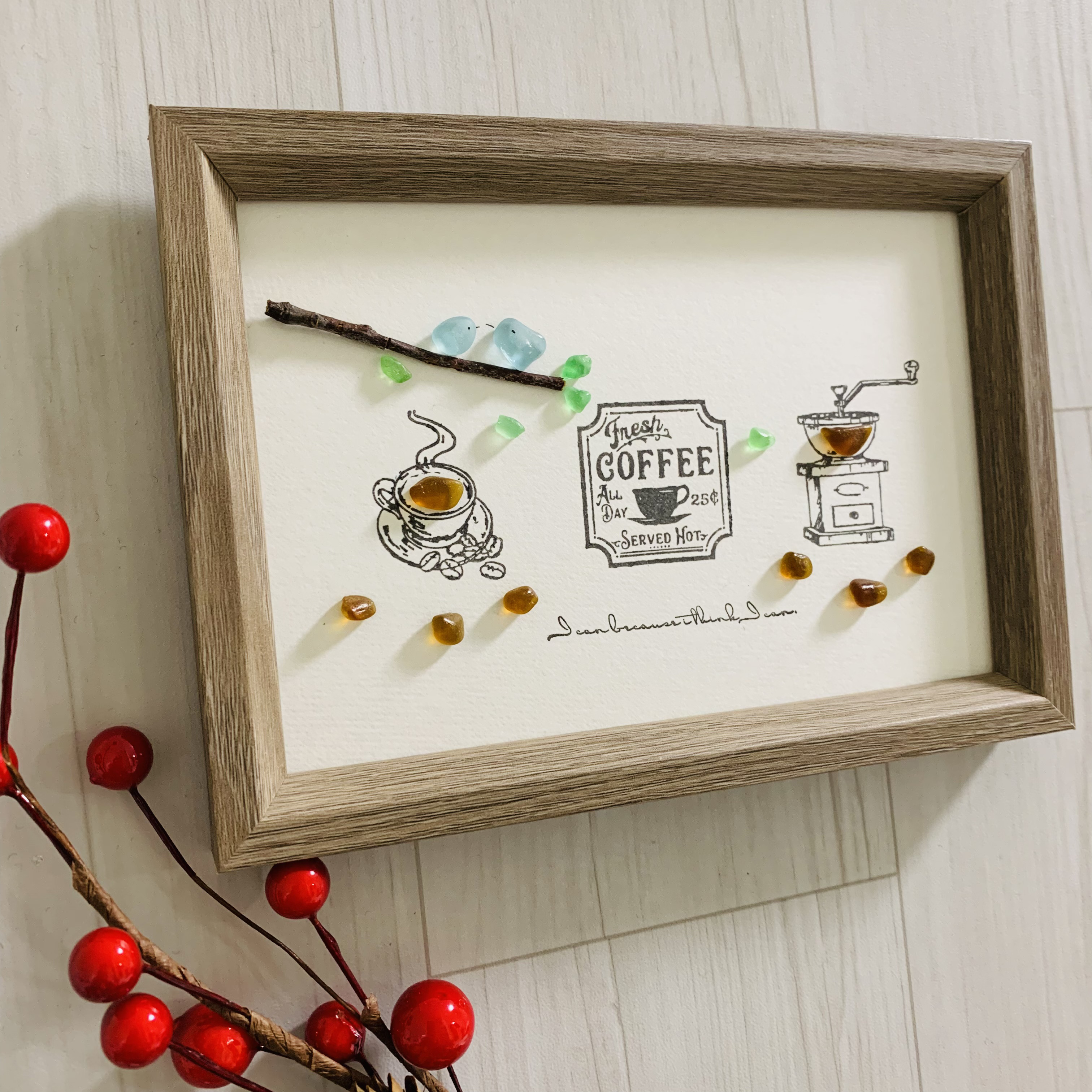 小鳥ペア カフェ 爽やかリラックスコーヒータイム シーグラスアート 海の宝石 壁掛け飾り 北欧 贈り物 誕生日プレゼント