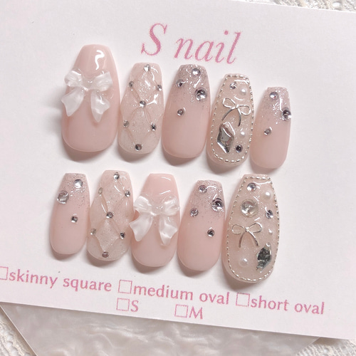 ネイルチップ ピンクベージュ リボン マグネットネイル キルティング
