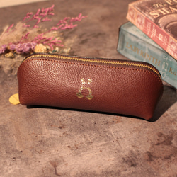 【チャーム付き】ふっくら本革ペンケース　箔押しネコ　箔押しパンダ　ブラウン　ダークブラウン　イタリアンレザー　革　筆箱 10枚目の画像