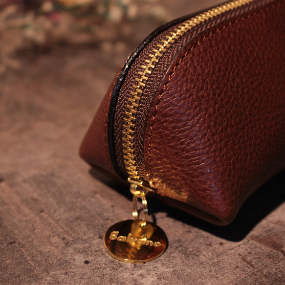 【チャーム付き】ふっくら本革ペンケース　箔押しネコ　箔押しパンダ　ブラウン　ダークブラウン　イタリアンレザー　革　筆箱 12枚目の画像