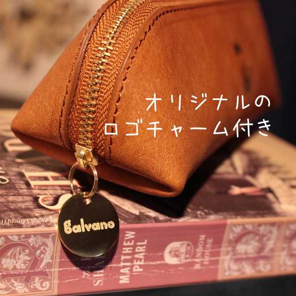 【チャーム付き】ふっくら本革ペンケース　箔押しネコ　箔押しパンダ　ブラウン　ダークブラウン　イタリアンレザー　革　筆箱 5枚目の画像