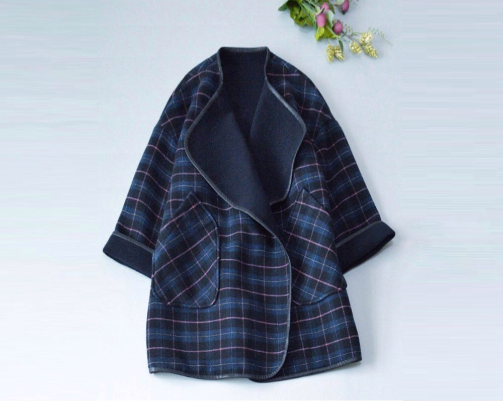 チェックカシミヤりポケット付きゆったり着られるショットコート♪