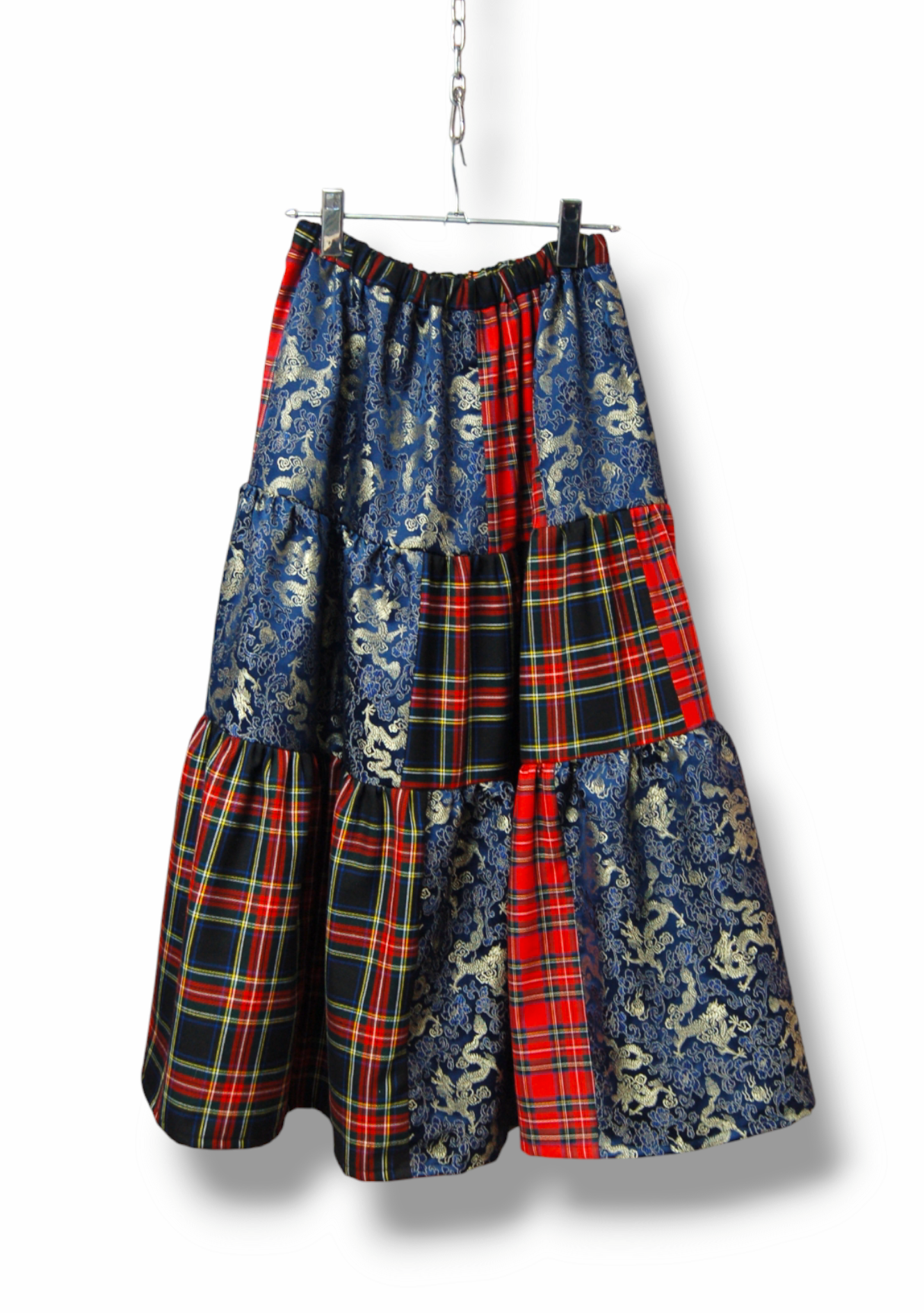 チャイナ×タータンチェック　ミックスティアードロングスカート