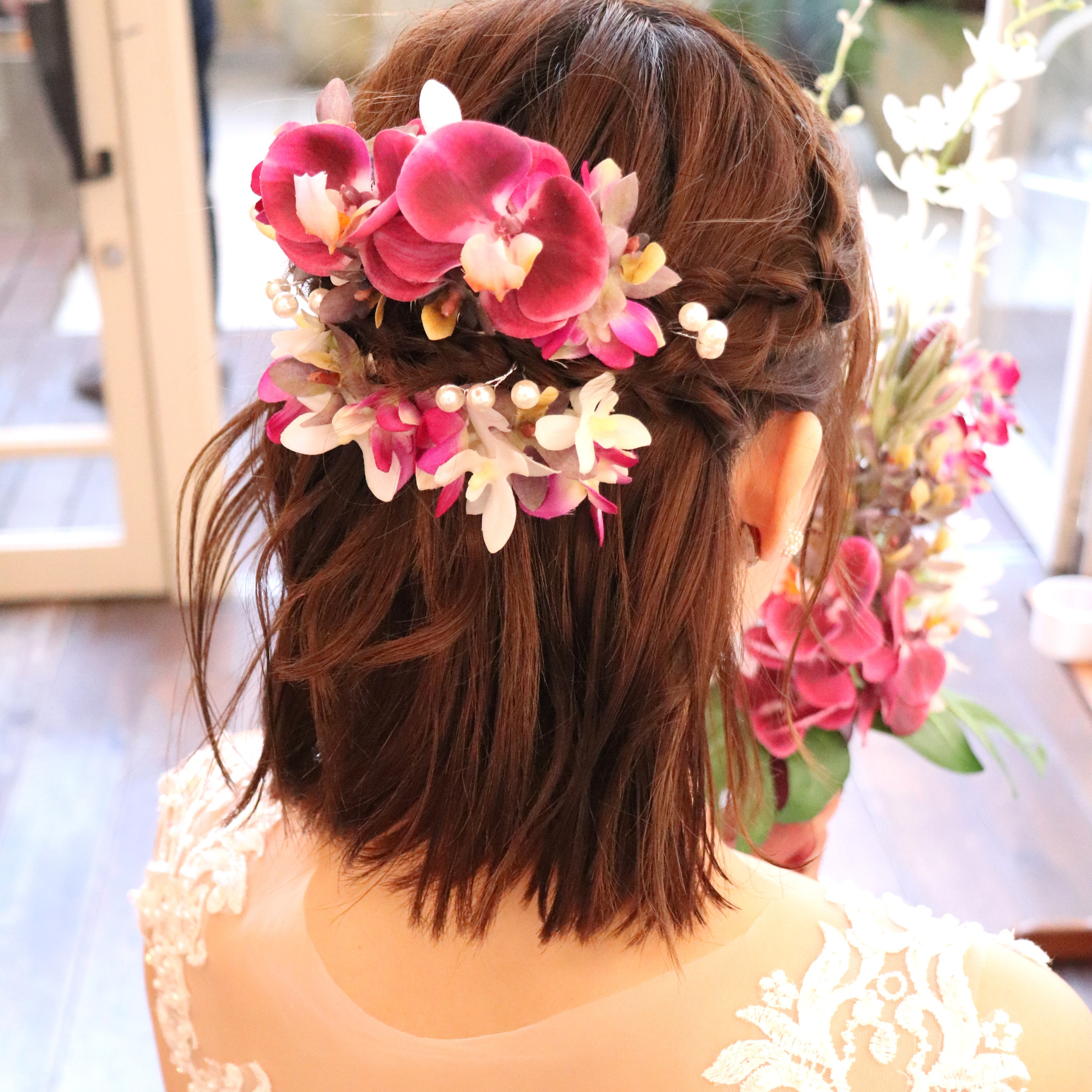 髪飾りセット　蘭　濃いピンク　ウエディング　ハーフアップ　パーティー　和装　洋装　 前撮　謝恩会　造花　結婚式　発表会