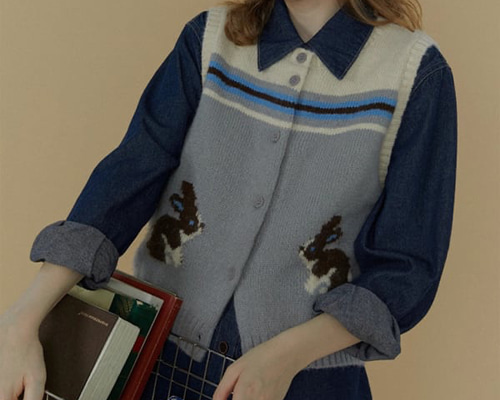 北欧風【2color】編みニットベスト うさぎ柄 春秋冬 ベスト tumugi