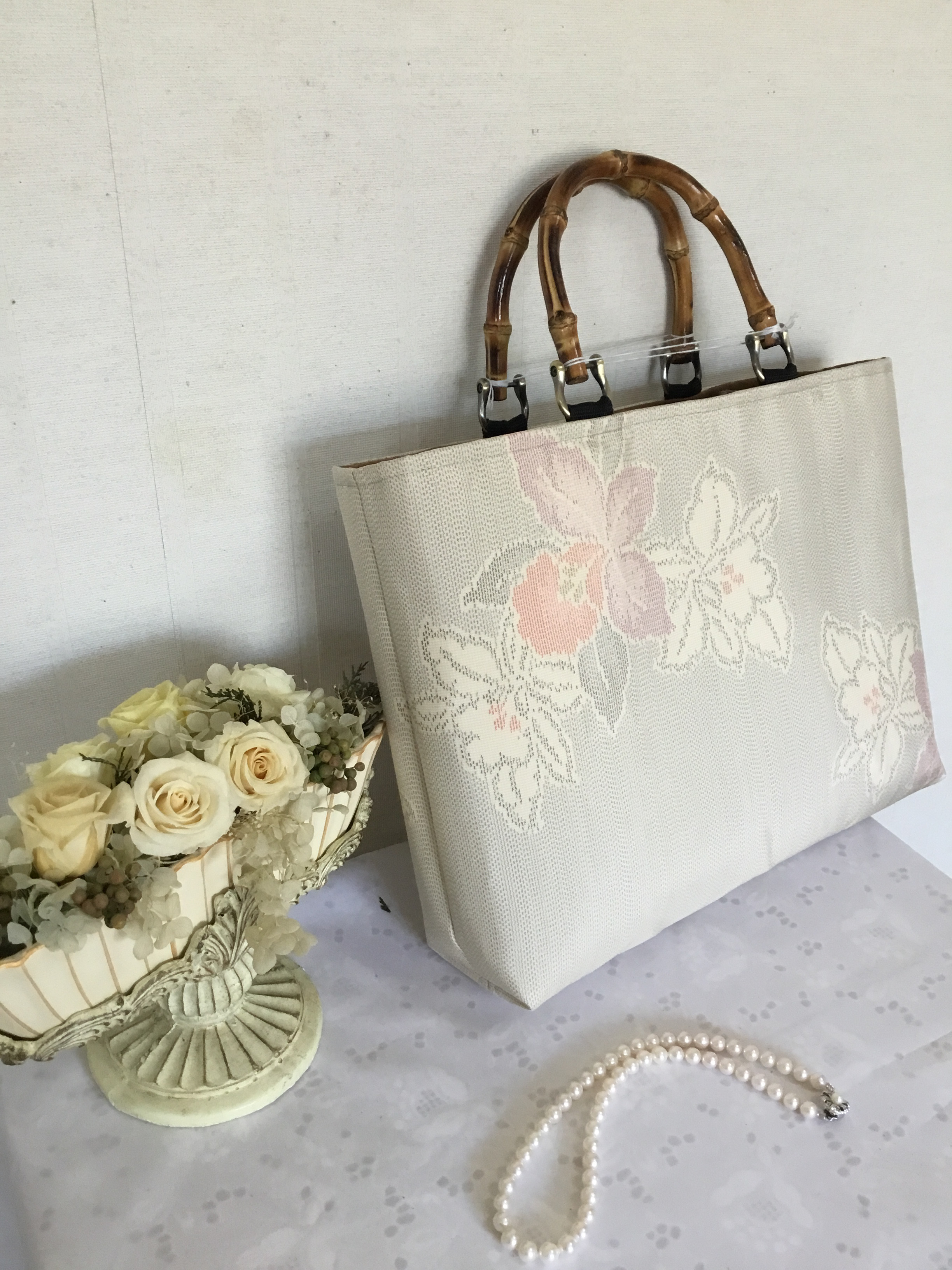 花ぷらら・洋服でも着物でも使える・ハンドメイド・リメイク・大島紬・トートバッグ 花ぷらら・オリジナル・洋服でも着物でも使える・ハンドメイド