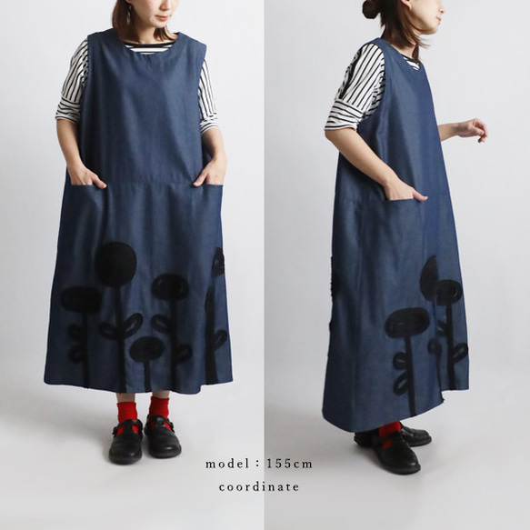 ⁑ラスト１　芸術の秋　１１５ｃｍ　花畑パッチワーク　かぶるだけワンピース　ジャンスカ　ボックスOP　甘織デニム　H82 8枚目の画像