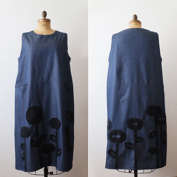 ⁑ラスト１　芸術の秋　１１５ｃｍ　花畑パッチワーク　かぶるだけワンピース　ジャンスカ　ボックスOP　甘織デニム　H82 10枚目の画像