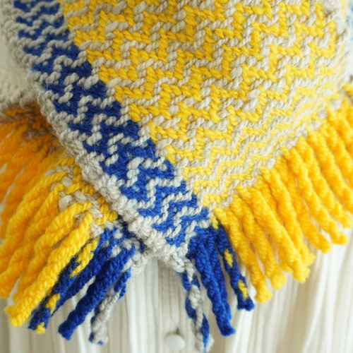 ホームスパン ジグザクちびマフラー黄色×青・ナチュラルライトグレー