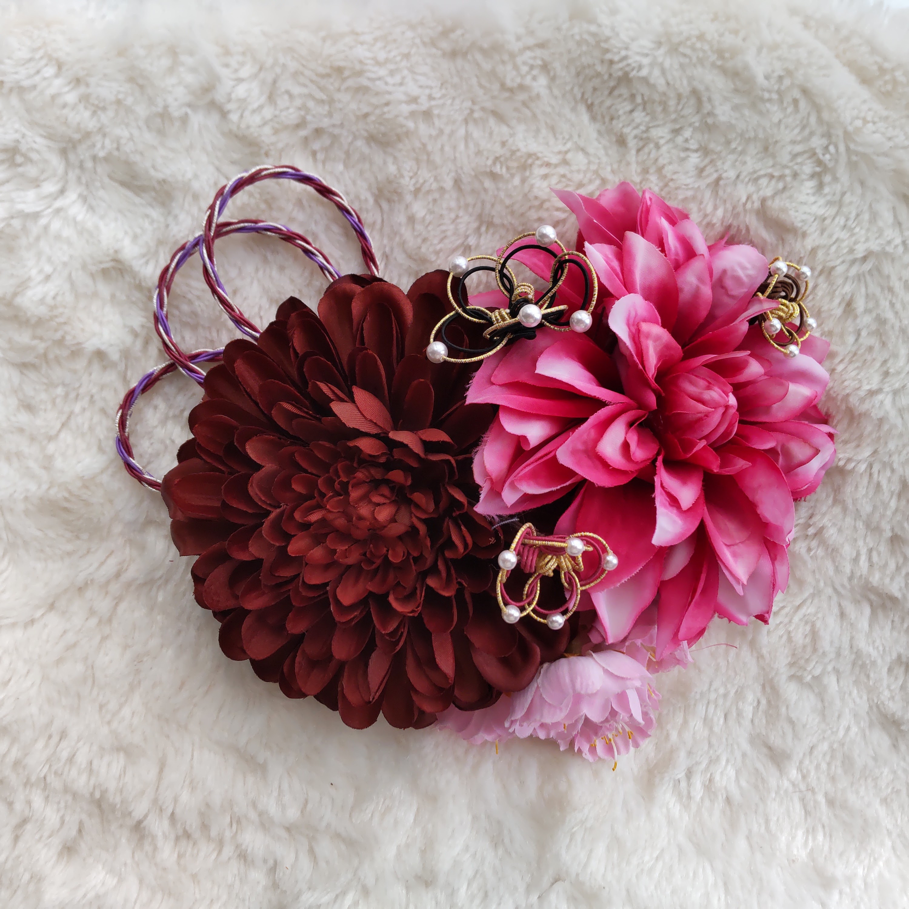 造花髪飾り　ブラウンマム　ピンクダリア