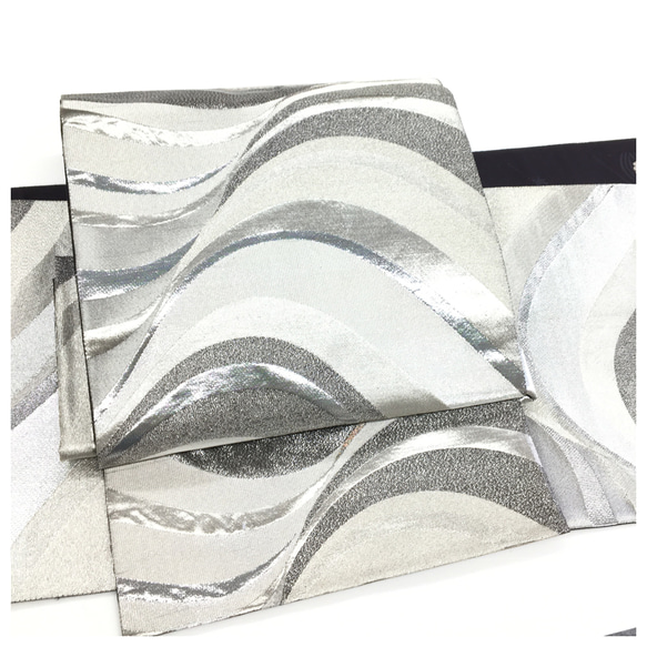 美品 正絹 袋帯 二部式 ブラックシルバー 二重太鼓 作り帯 和装小物  