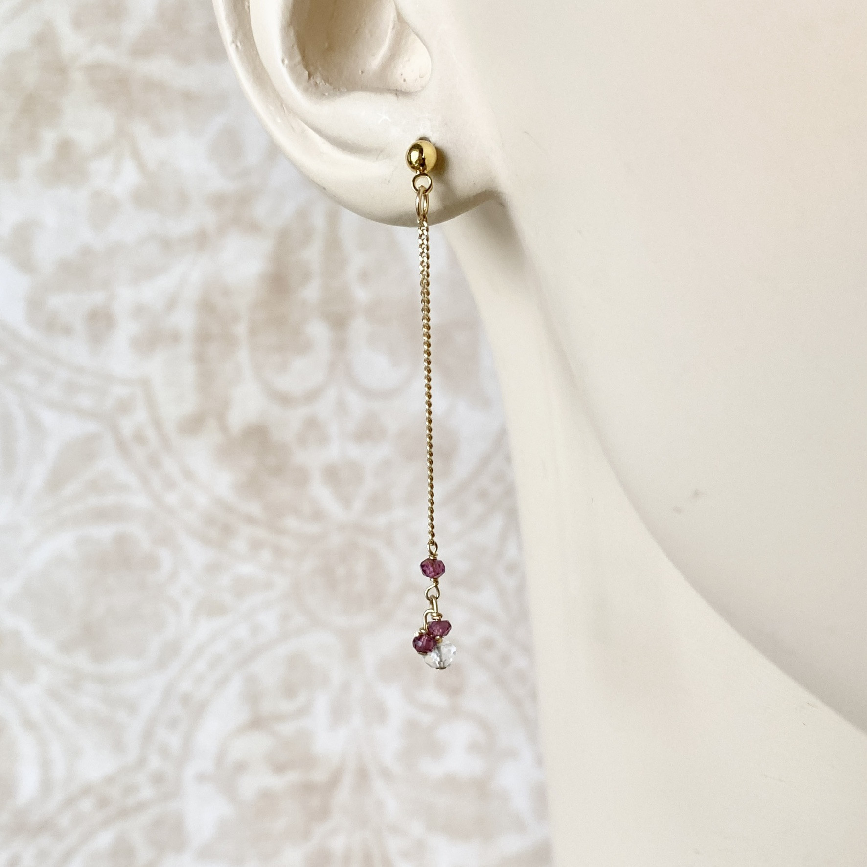 K10YG  ガーネットのチェーンピアス【イヤリングに取り替え可能】