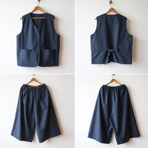 上下セットアップ　後ろリボン紐付き　ベスト　ジレ　裏地付　ハバ広　ワイド　パンツH68
