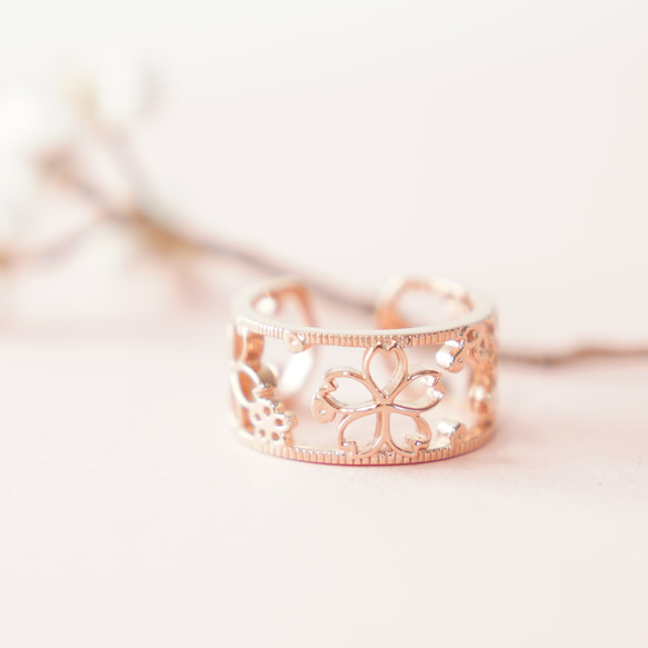 桜舞う透かしのオープンリング ピンクゴールド《送料無料》さくら 春